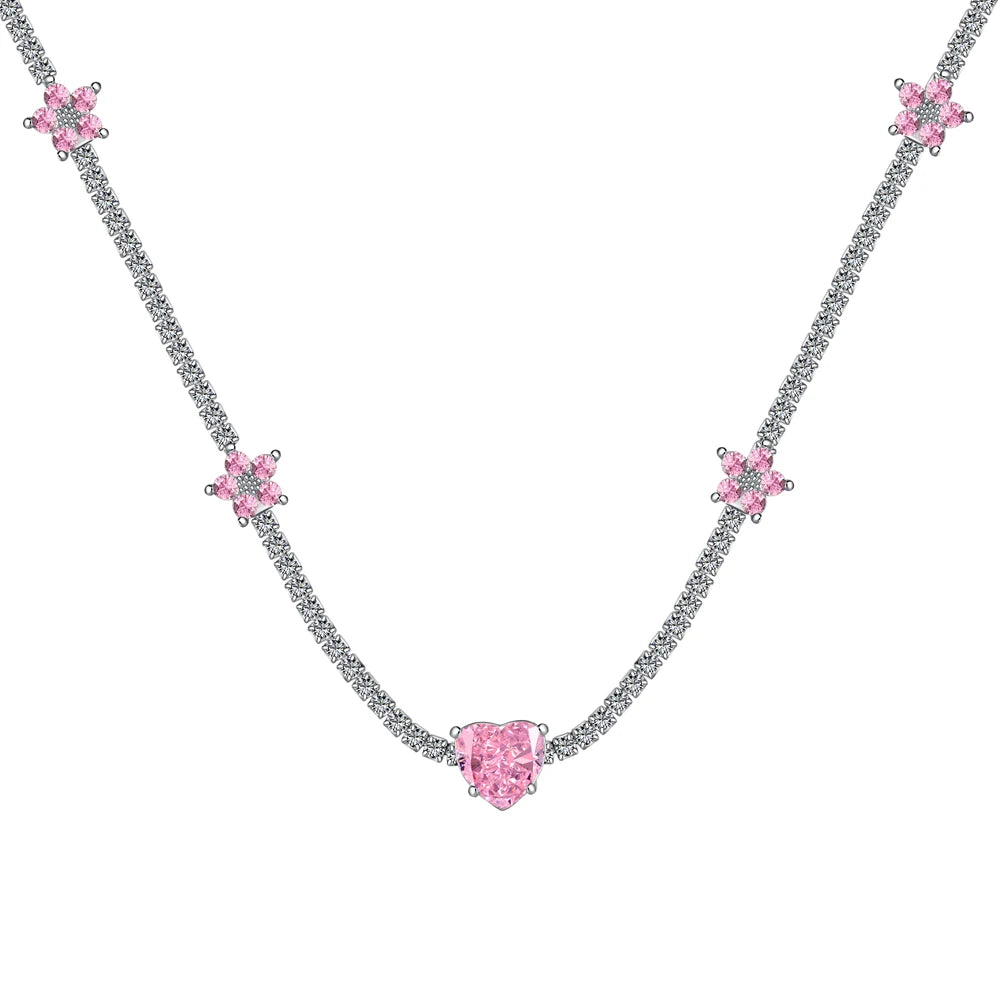 Dylam Stylish Fine Jewelry Choker Tennis Necklace with 925 Sterling Silver Rhodium Plated Heart Flower Shape 8A Cubic Zirconia