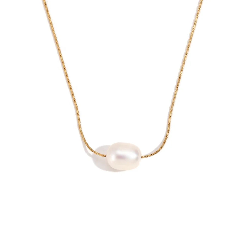 Wholesale Minimalist Fashion Pearl Necklace Jewelry 18K Gold Plated Stainless Steel Freshwater Pearl Pendant Necklace for Women
