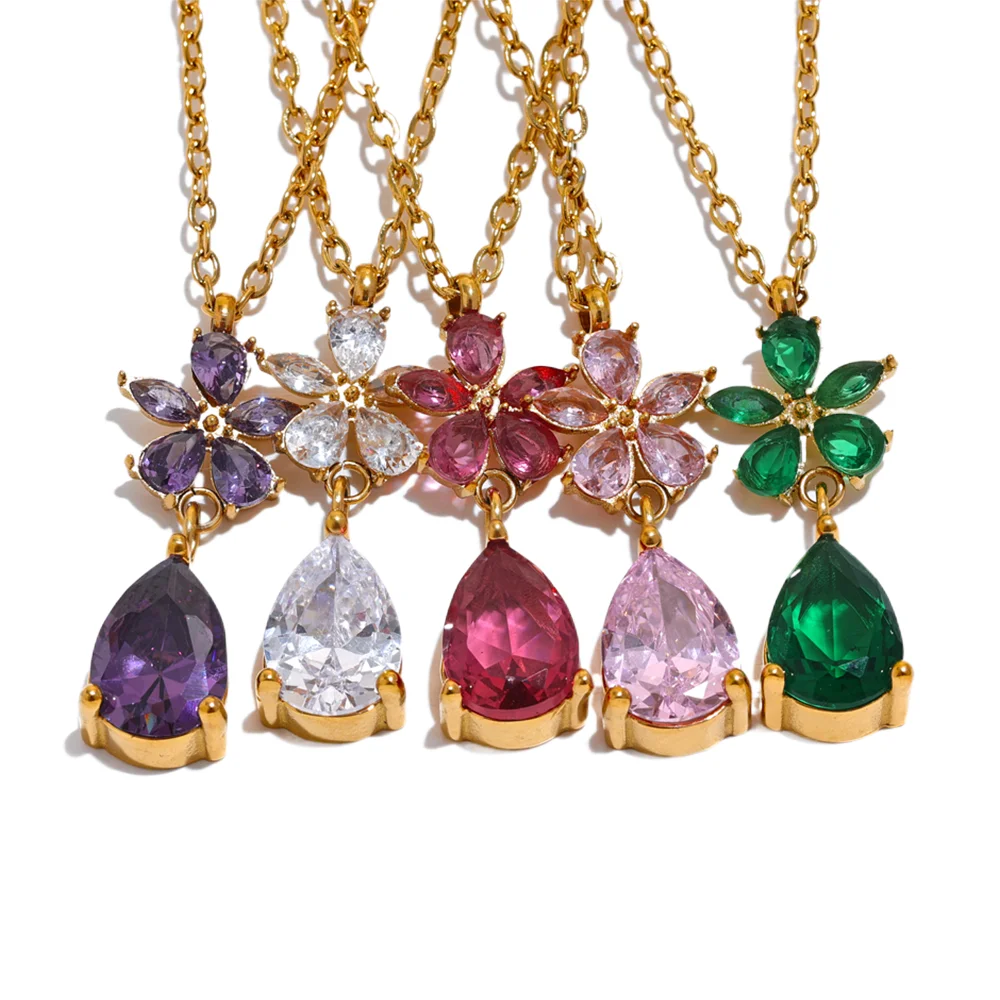 JINYOU 1339 Stainless Steel 316 Cubic Zirconia Flower CZ Pendant Bling Necklace Fashion Luxury Chic Jewelry Bijoux Women Gift