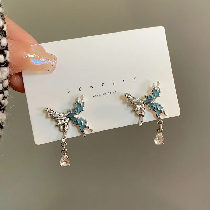 Rinhoo New Jewelry Silver Needle Earrings Oil Dropping Butterfly Earrings Asymmetric Personalized Blue Earrings