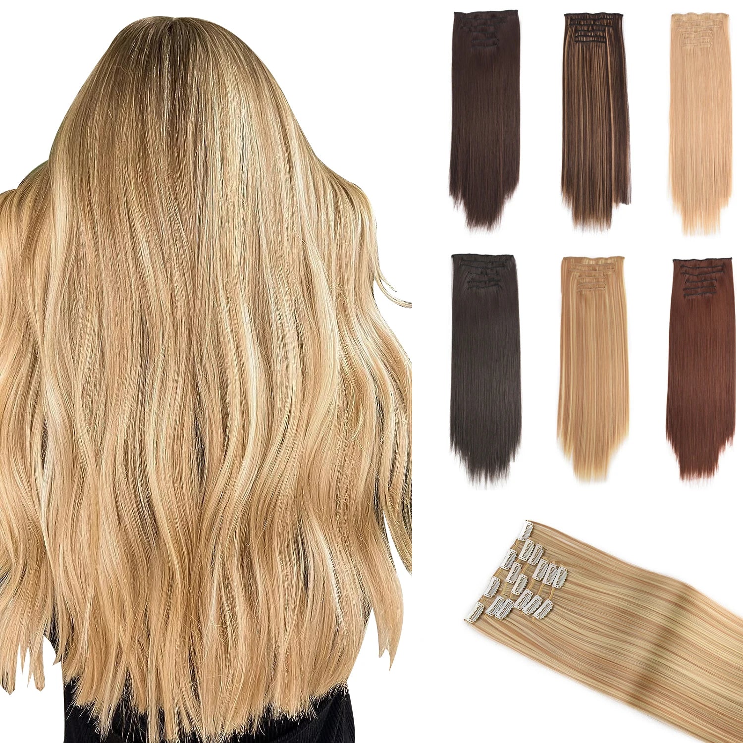Clip in Hair Extensions 6PCS Straight 24" Hair Extensions Heat Resistant Synthetic Hairpiece-Black Brown With Highlights