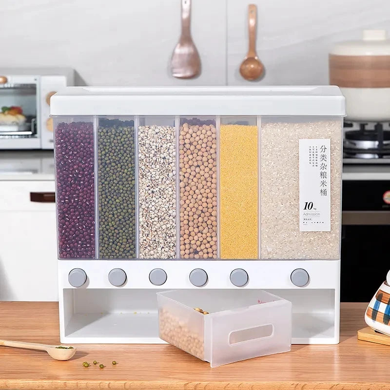 Wholesale Wall Mouted Storage Multi Grid Kitchen Large Plastic 10L Rice Storage Container Bin Sealed Storage Rice Dispenser