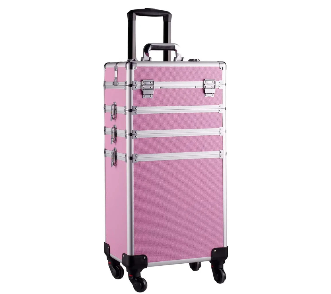 4-in-1 Makeup Travel Case with Rolling Trolley & Large Storage Cosmetology Salon Barber Box in Black & for Pink Fashion Style