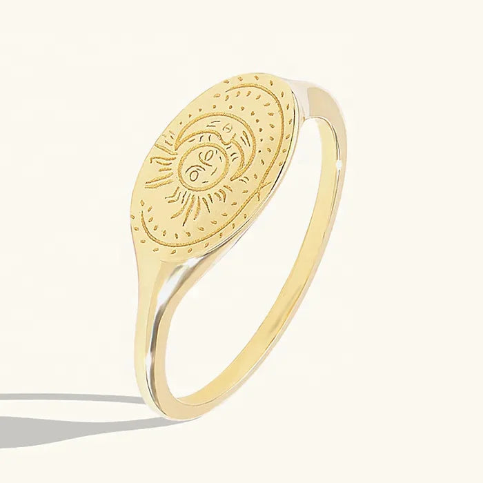 LOZRUNVE Fashion Vintage Jewelry Stackable Symbole Engraved Sun and Moon Oval Signet Ring