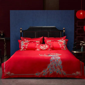 Romantic Red Bride Quilt Cover High Class Egyptian Cotton Embroidery Duvet Cover Wedding Bedding Set