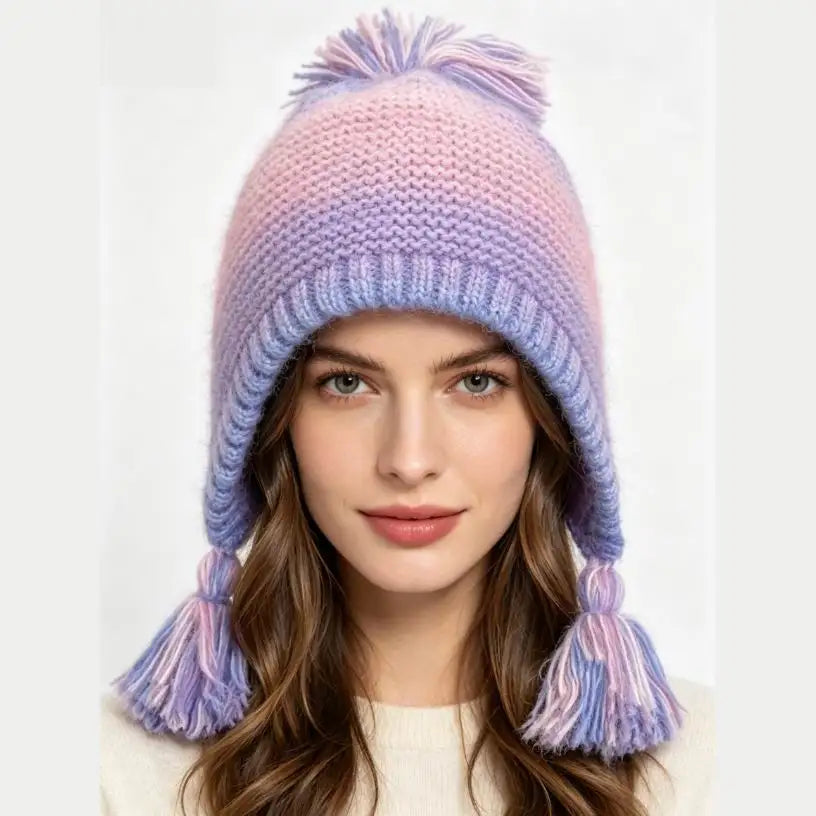 Custom logo Women Crochet Ear Flap Beanie Hat Cute Gradient Knitted Hat Fringe Slouchy Beanie