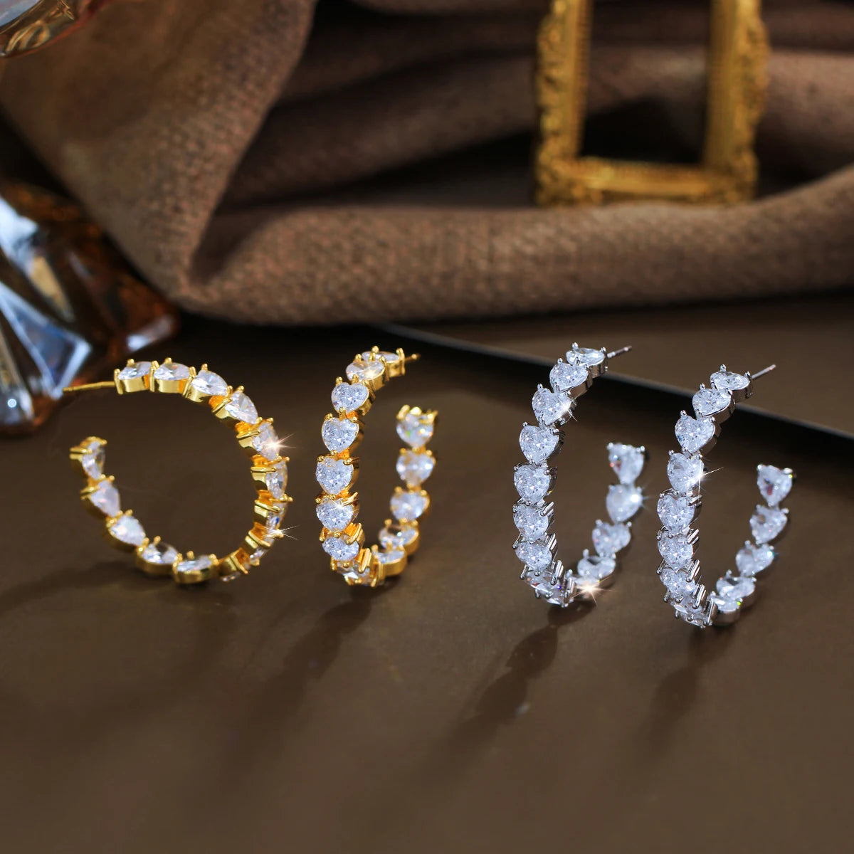 Sparkling Genuine White Love Heart Cut Real Cubic Zirconia C Shaped Big Round Circle Hoop Earrings for Women Gold Plated Jewelry