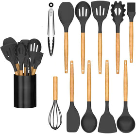 11pcs Heat Resistant Silicone Cooking Utensils Kitchen Utensil Set Tools With Wood Handles