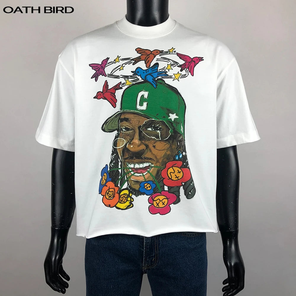 Custom Printed Heavyweight Men's Cropped Boxy Fit T Shirt 320gsm 100% Cotton Extended Collar Oversized Drop Shoulder Tshirt