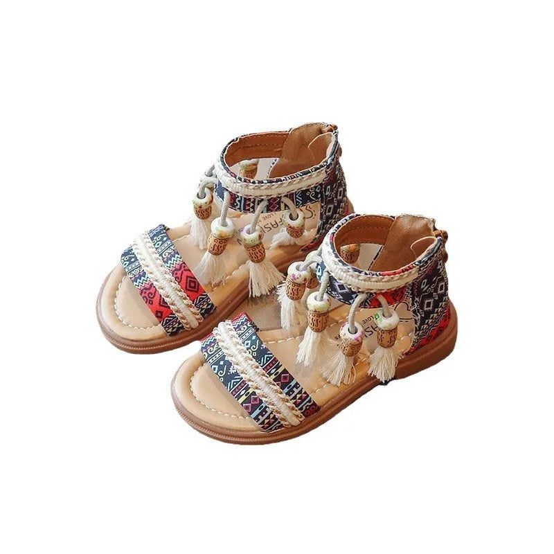 Girls Sandals Ethnic Style Sandals Children Little Girls Travel Princess Roman Shoes Summer New Tassel Beach Shoes