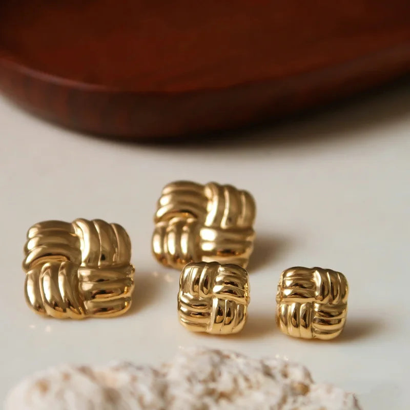Hainon Stainless Steel Woven Earrings with Square-shaped Texture Hollow Ear Studs