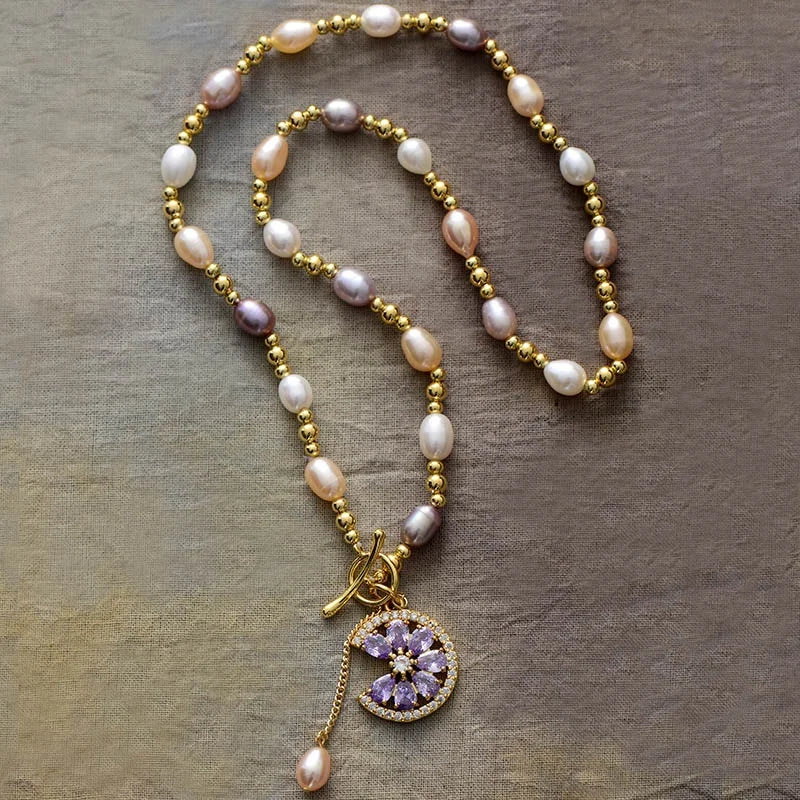 Wholesale Freshwater Pearl Lariat Necklace with Gold-Plated Flower Zircon Pendant Chain for Wedding Parties Box Gift Idea