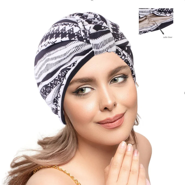 High Quality Double Layer Satin Lining Twisted Turban Patterns Knotted Hair Care Chemo Turban for Women