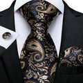 Fashion Jacquard Woven Dark Blue Gold Paisley Flower Mens Silk Tie Gift Set
