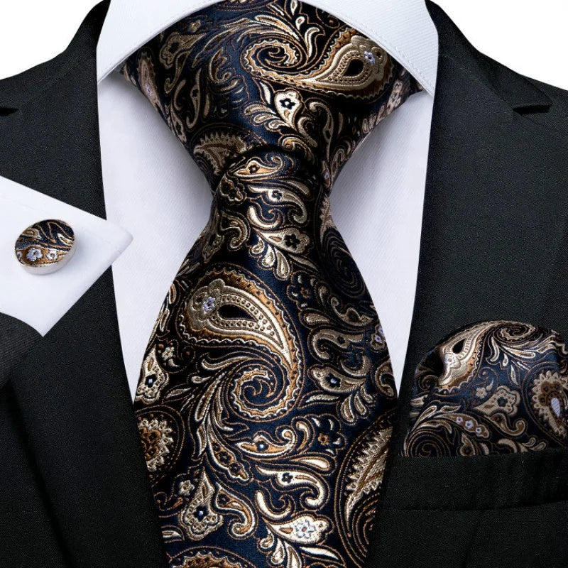 Fashion Jacquard Woven Dark Blue Gold Paisley Flower Mens Silk Tie Gift Set