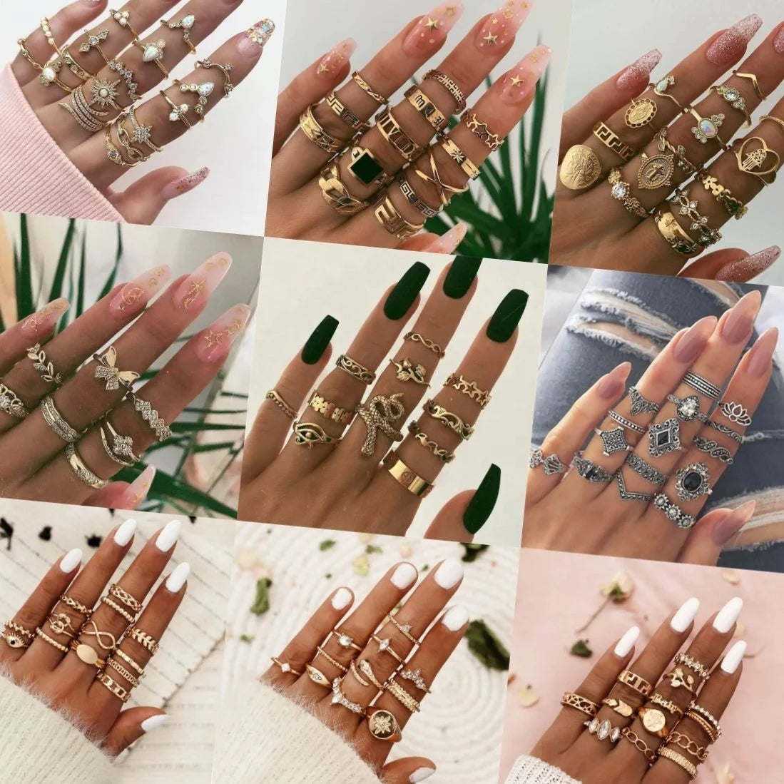Wholesale Fashion 34 Styles Finger Rings Set Jewelry Women Bohe Vintage Five Finger Ring Set
