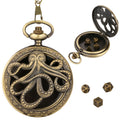 Antique Gray Bronze Micro Metal D&D DnD Dice Set Vintage Octopus Cthulhu Pocket Watch Case with Chain Gift for Men