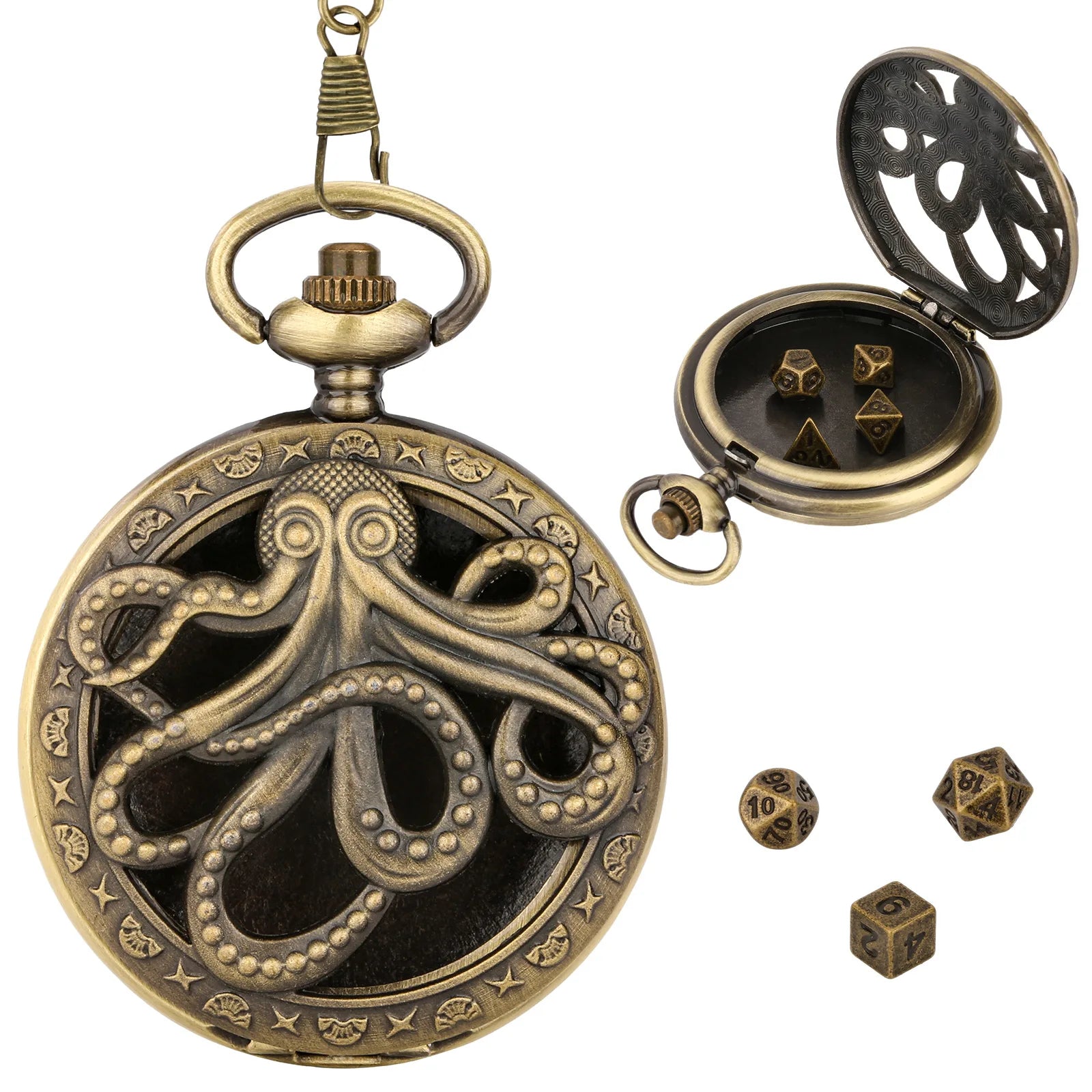 Antique Gray Bronze Micro Metal D&D DnD Dice Set Vintage Octopus Cthulhu Pocket Watch Case with Chain Gift for Men