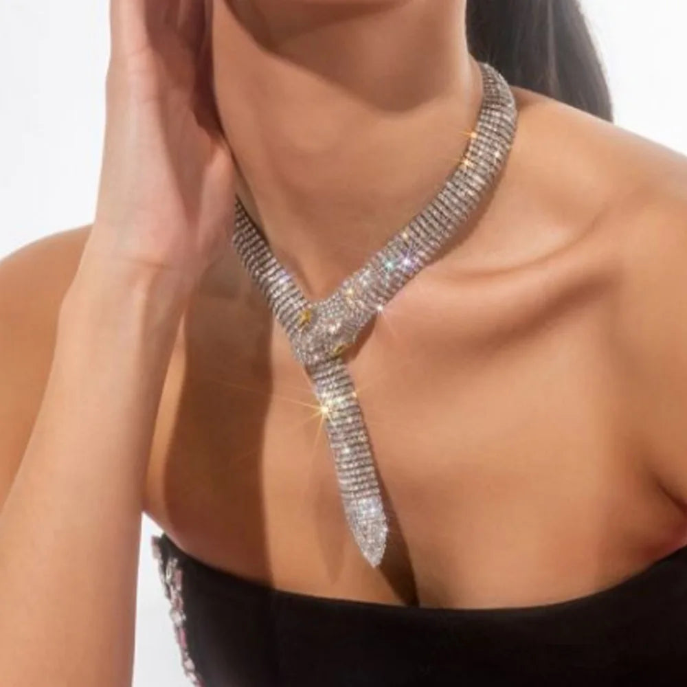 Trendy Crystal & Rhinestone Snake Necklace with Cross Pendant Choker for Anniversary Occasions
