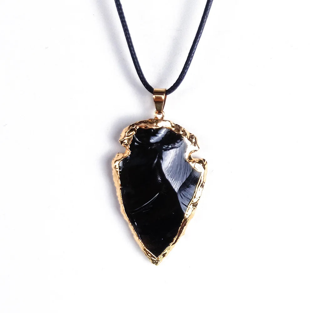 DIY Wholesale Stone Black Obsidian Arrowhead Gold Electroplated Edge Pendant Charm Pendant Stone Pendants