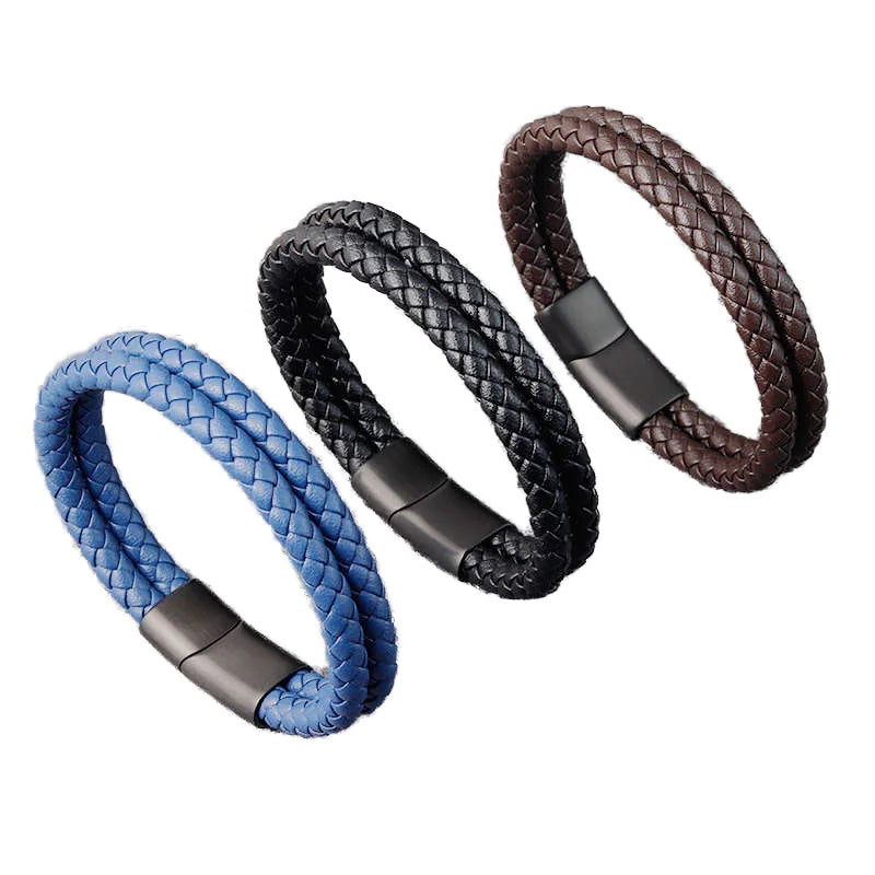 Fashion Bangle Vintage Black Plating Stainless Steel Double-layer Leather Bracelet for Men