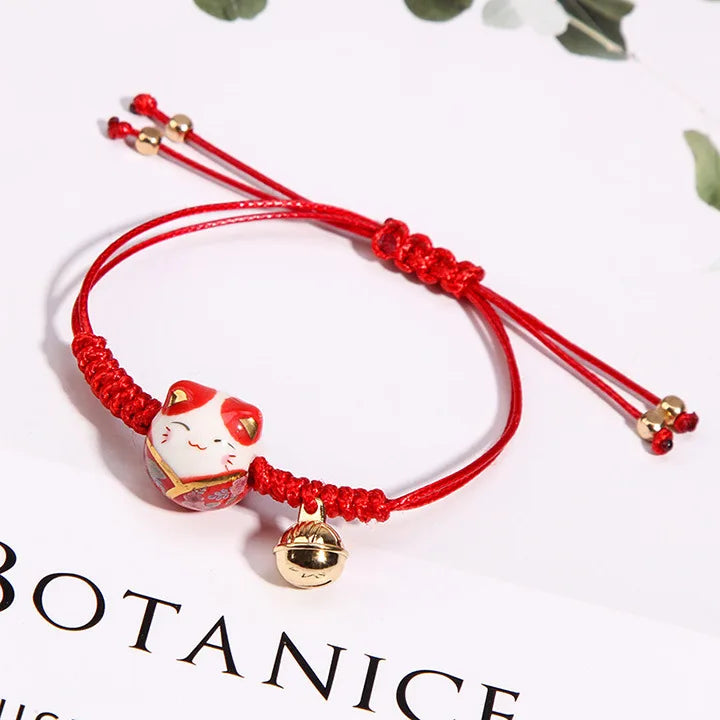 Girls Ceramic Cat Bracelet Student's Best Friend Hand Knitting Zhaocai Cat Handmade Jewelry Red Rope Lucky Bracelet