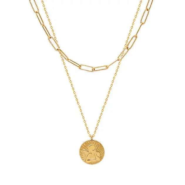 INS Stainless Steel 18K Gold Double Layers Angel Boy Pendant Clavicle Necklace Titanium Steel Layered Paperclip Choker Necklace