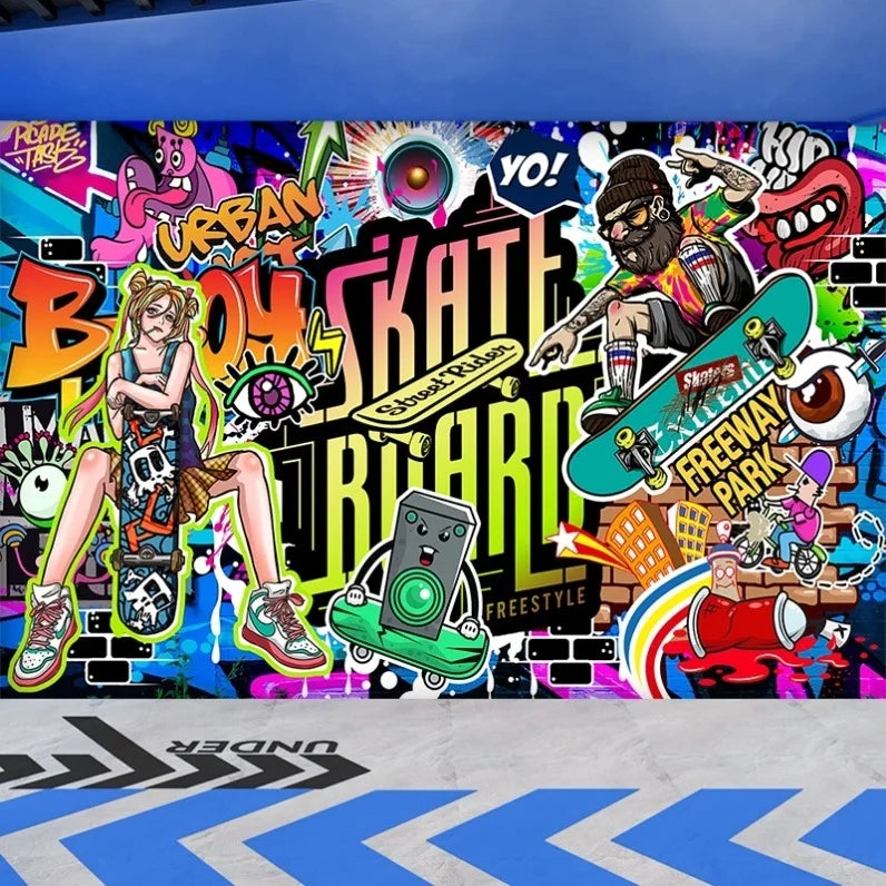 Street Skateboard Graffiti Wallpaper Gym Wall Spray Hip-Hop Wall Painting Mural Roller Skating Roller Skating Room Wallpaper