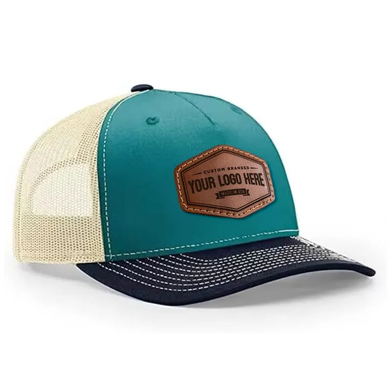 Premium Quality Custom Sewn on Leather Patch Embroidery Trucker Hat 3 Colors 6 Panel Richardson 112 Mesh Back Trucker Hat Caps