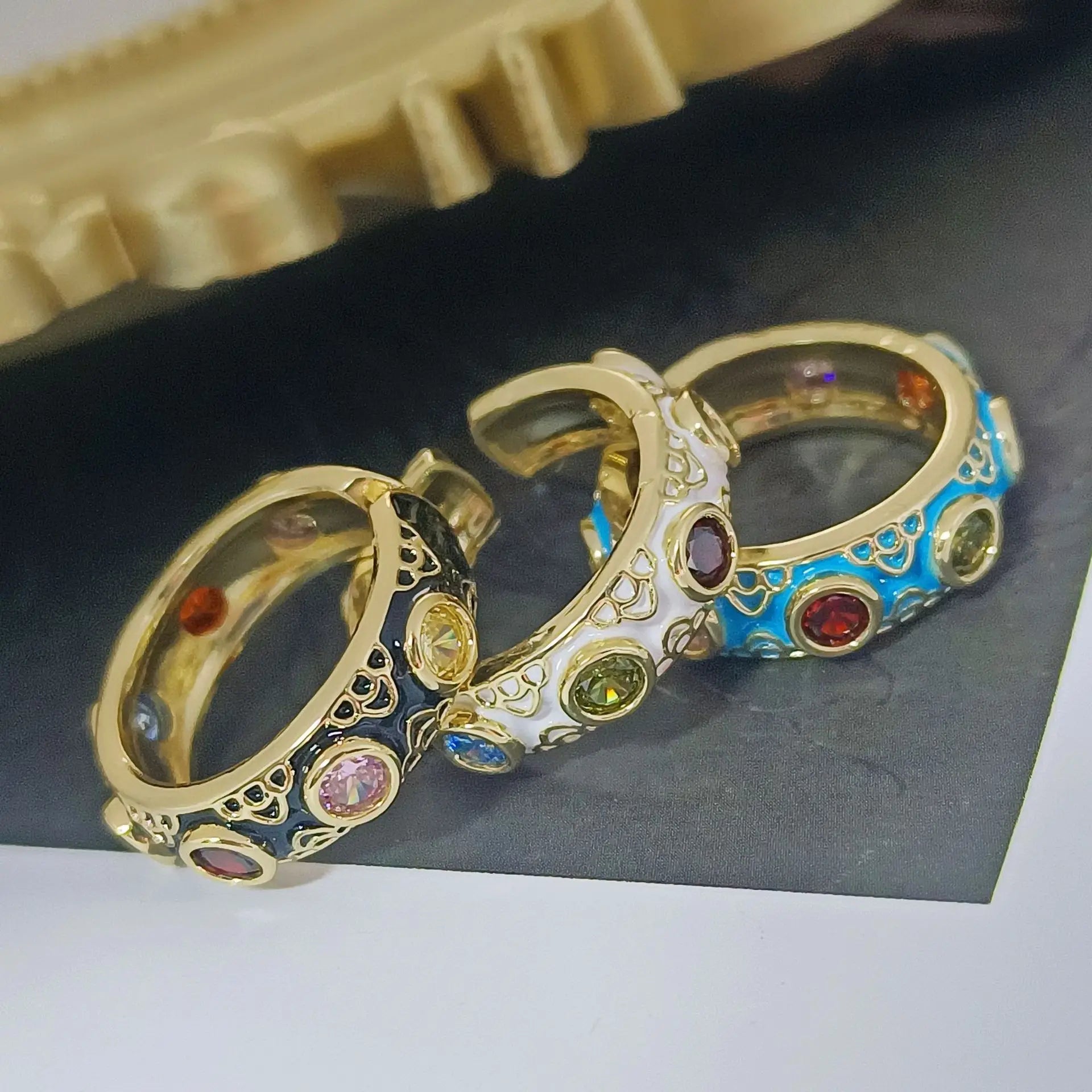 Colorful Blue White Black Oil Drop Zirconia Opening Ring Micro Pave Cubic Zircon CZ Enamel Ring for Women Girls