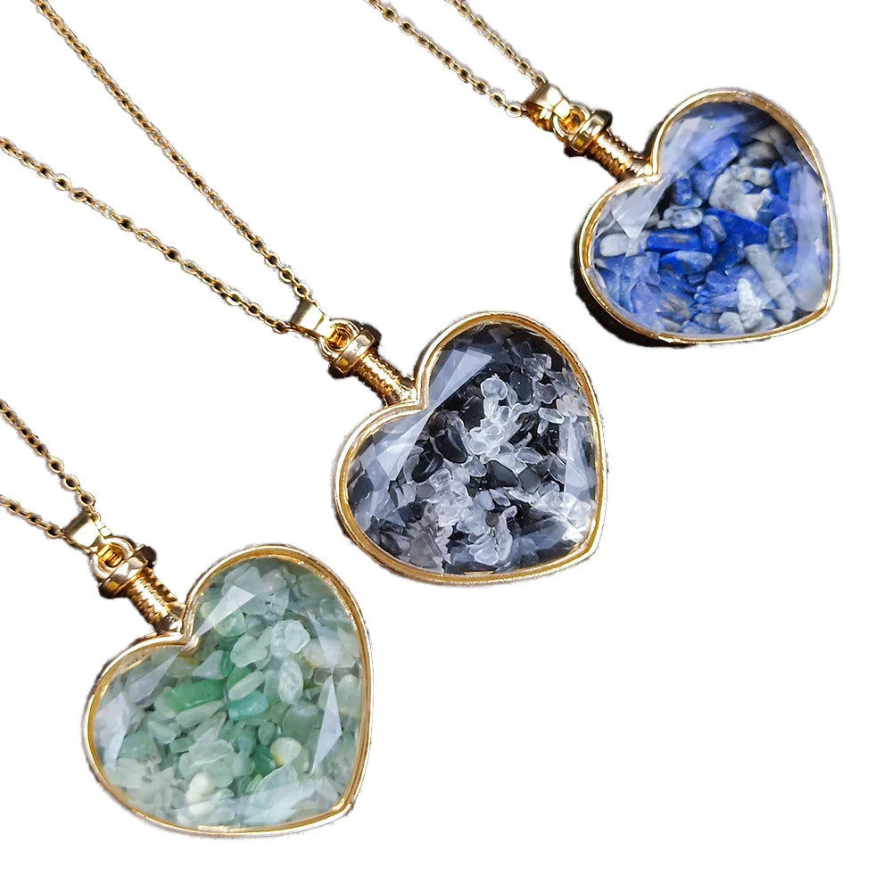 Natural Gravel Love Heart Pendant Necklace Transparent Heart Shape Drifting Bottle Lapis Lazuli Crystal Gold Plated Link Chain