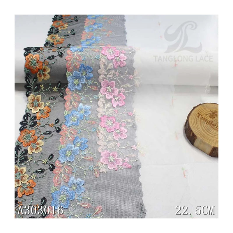 Tanglong Lady Dress White Tulle Lace Colorful Flower Lace 23cm Embroidered Textile Lace Trim