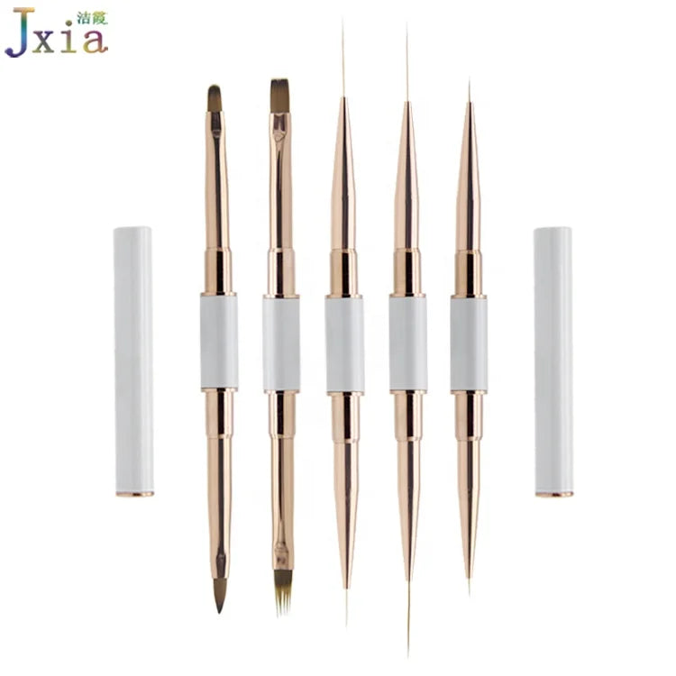 Customized White Handle Rose Gold Ferrules Manicure Painting Tool Nail Art Double Side Acrylic Gel  Ombre Liner Brushes
