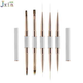 Customized White Handle Rose Gold Ferrules Manicure Painting Tool Nail Art Double Side Acrylic Gel Ombre Liner Brushes