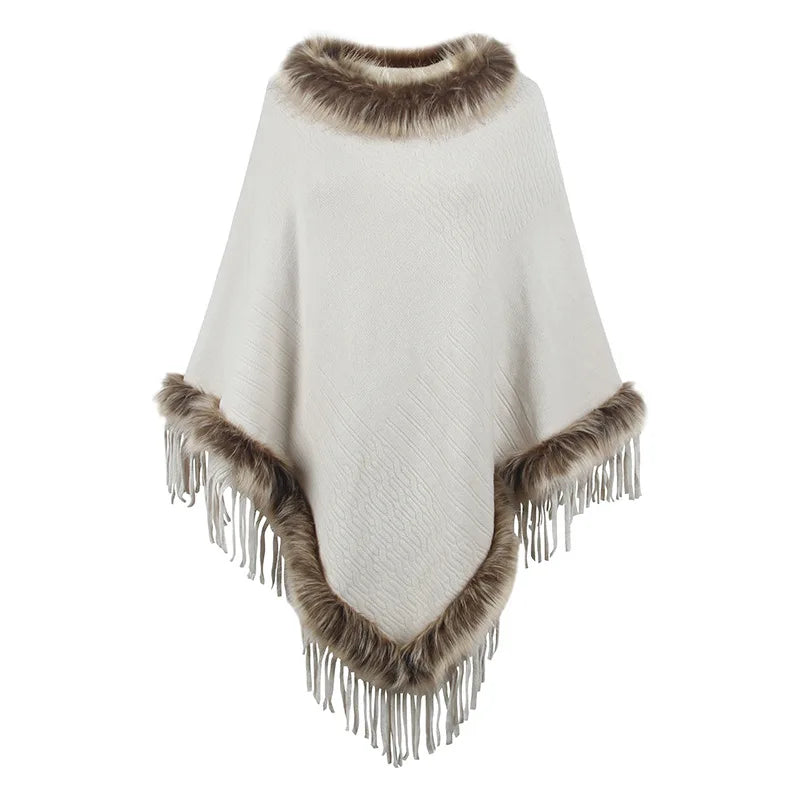 MIO New Fashion Women's Winter Knitted Faux Fur Collar Shawls Cape Poncho Cashmere Shawl with Tassel