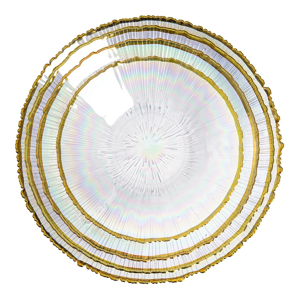 New Style Colorful Clear with Gold Edge Wedding Event Tableware Unbreakable Charger Plates for Restaurant Wedding