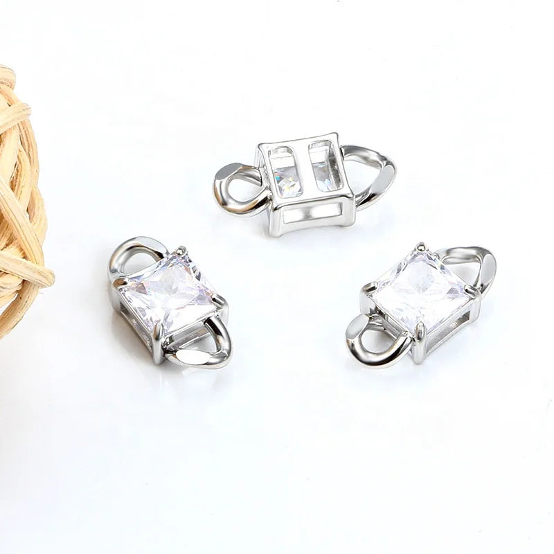 Low MOQ Tiny Shiny Stainless Steel Sparkle Zircon Square Charm Necklace Connector Jewelry Making Pendants