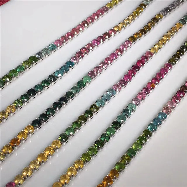 New Arrivals 3mm Healing Crystals Natural Quartz Crystal S925 Silver Colorful Tourmaline Bracelet for Fashion Gift MegaBDM