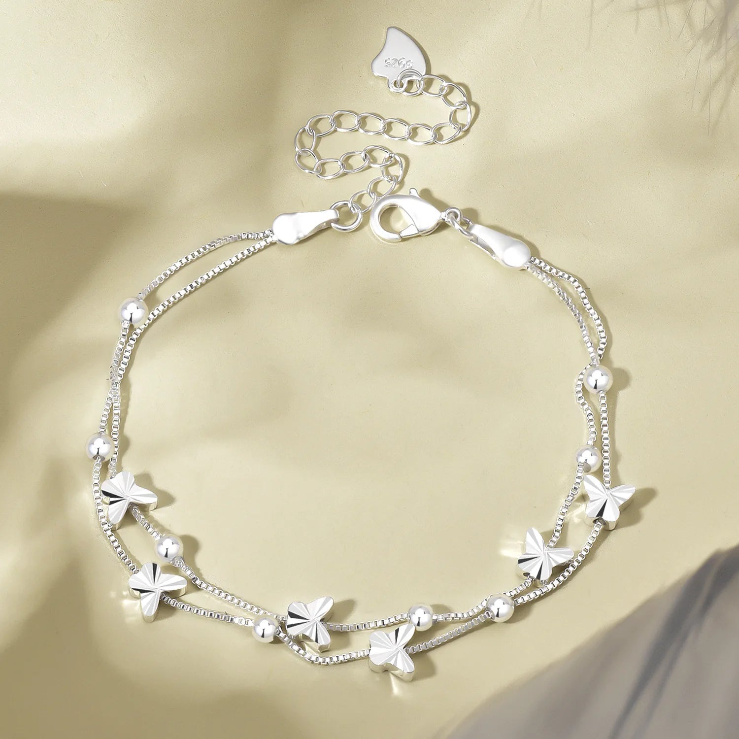 New Arrival Double Layer Bead Silver Color Bracelet Fashion Exquisite Sweet Butterfly Bracelet for Women
