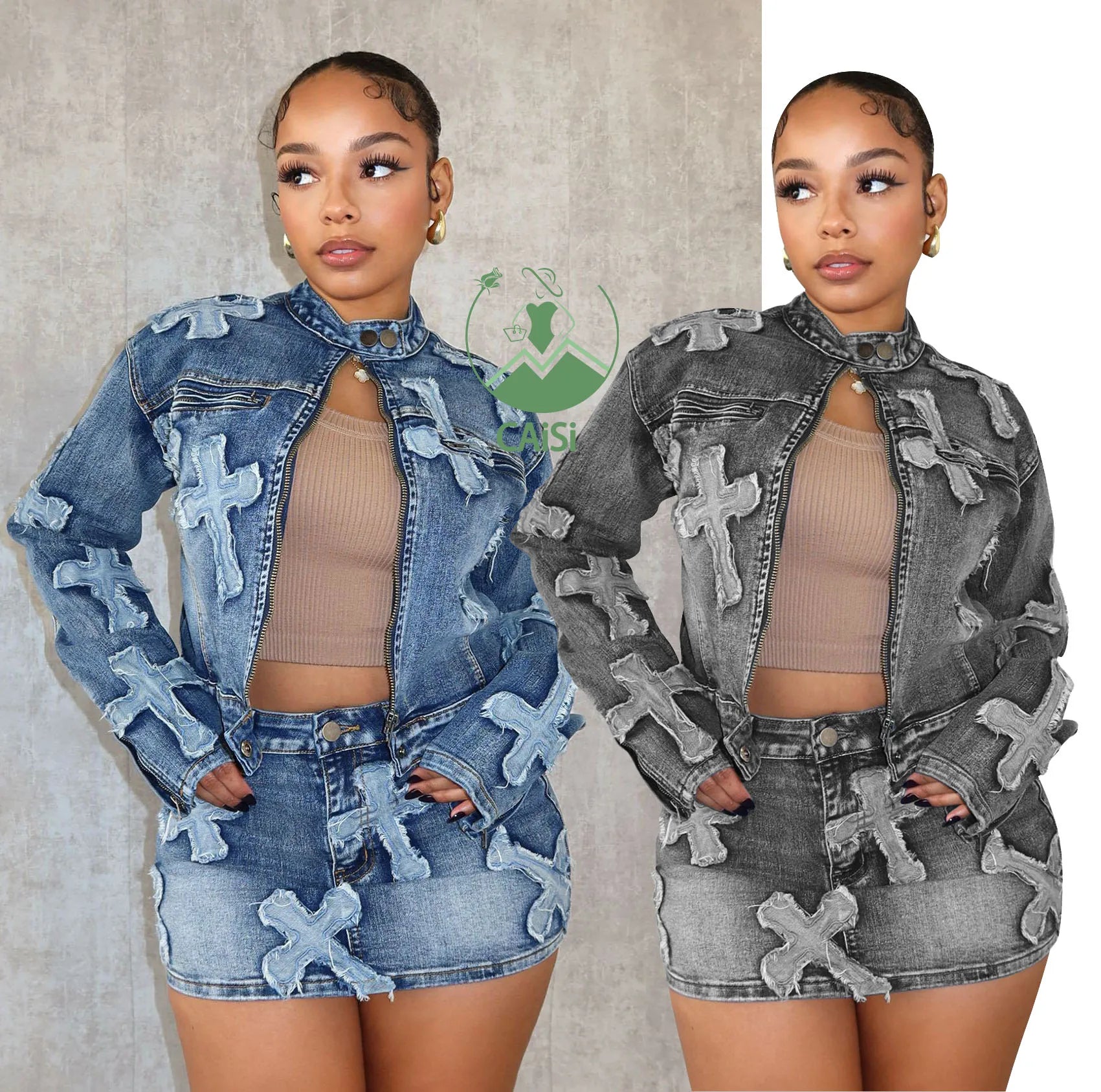New Denim Two Piece Skirt Set Women Fall Winter Clothes Fashion Cross Jacket and Short Skirt 2 Piece Skirt Set Outfits for Women