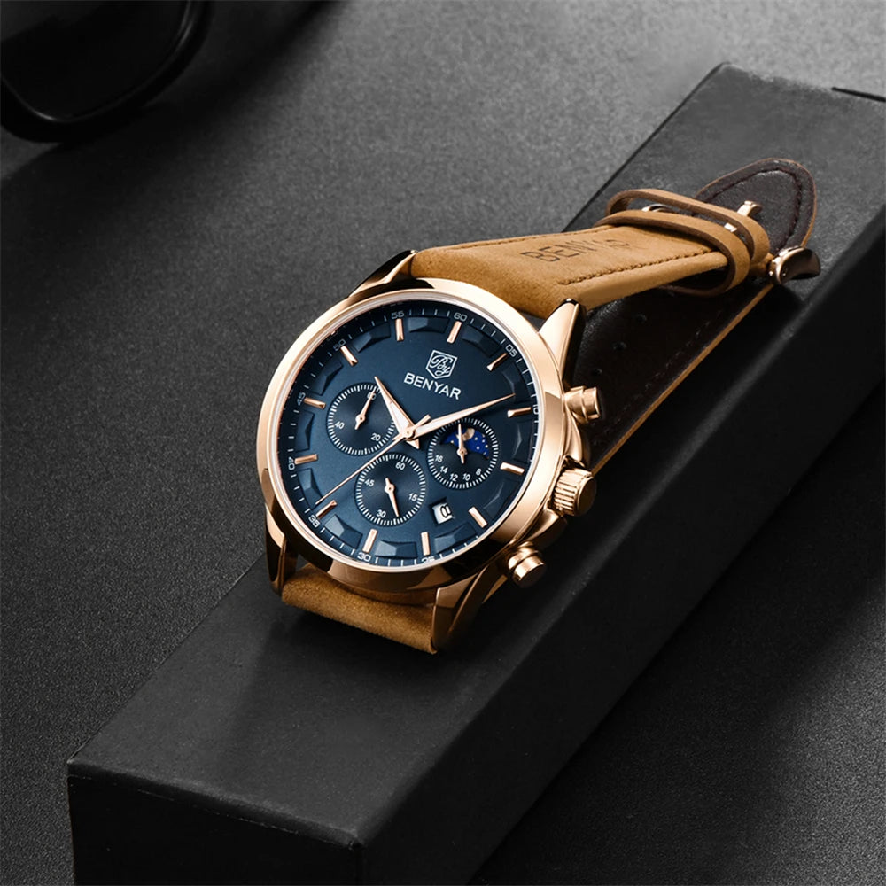 Reloj Hombre BNEYAR 5160 Fashion Sport Chronograph Clock Top New Men Quartz Wristwatches Leather Waterproof Gift Watch