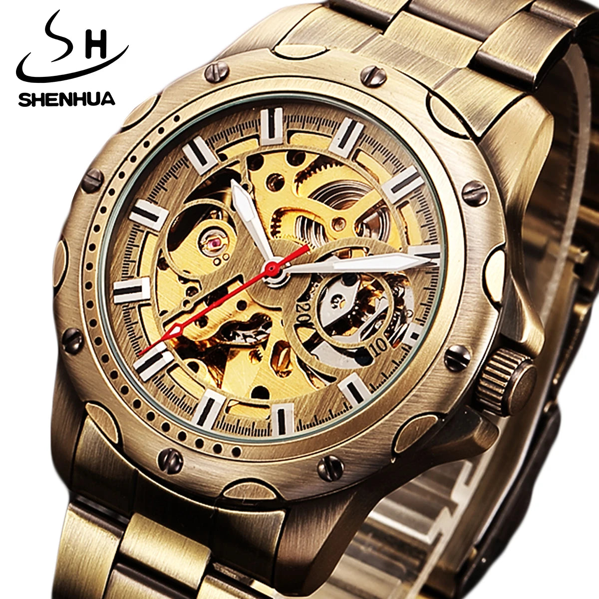 SHENHUA Vintage Men Automatic Mechanical Self Winding WristWatch Stainless Steel Bracelet Clasp Case Waterproof Durable Watch