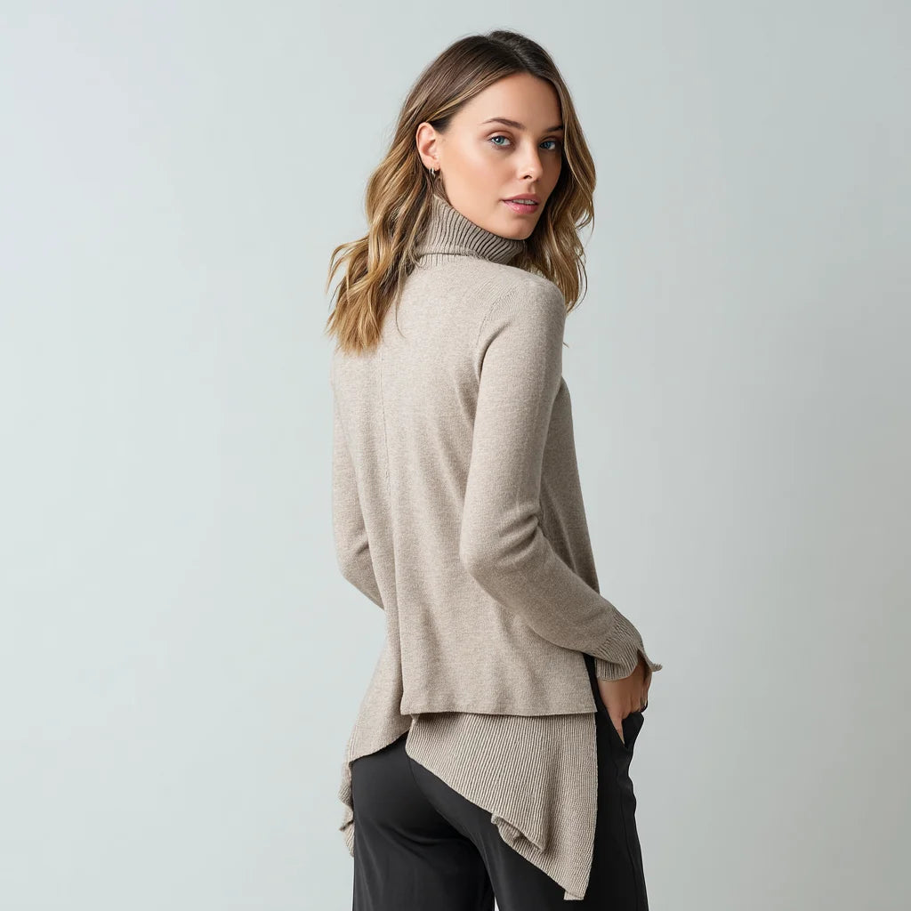 Modern Design Women's Asymmetrical Hem Turtleneck Sweater with Front Logo Casual Knit Pullover
