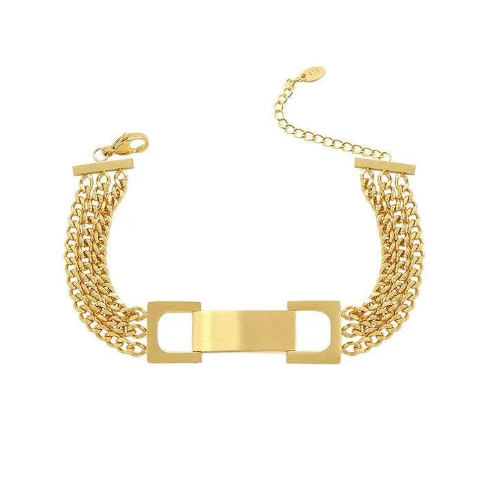 INS Simple Stainless Steel 18K Gold Plated Personalized High Polish Big Rectangle Charm Three Layered Chain Bracelet Jewelry