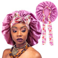 Wholesale Custom Logo Hair Accessories Singer Layer Satin Turban Bonnet With 2 Tied Flower Print Bands Vegan Bonnets for Women