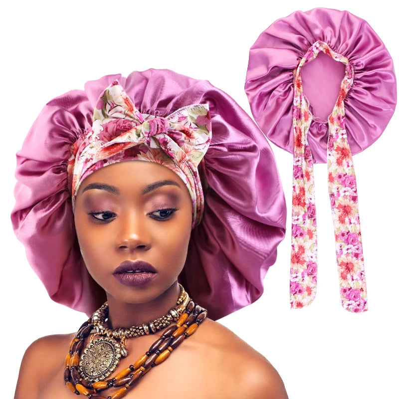 Wholesale Custom Logo Hair Accessories Singer Layer Satin Turban Bonnet With 2 Tied Flower Print Bands Vegan Bonnets for Women