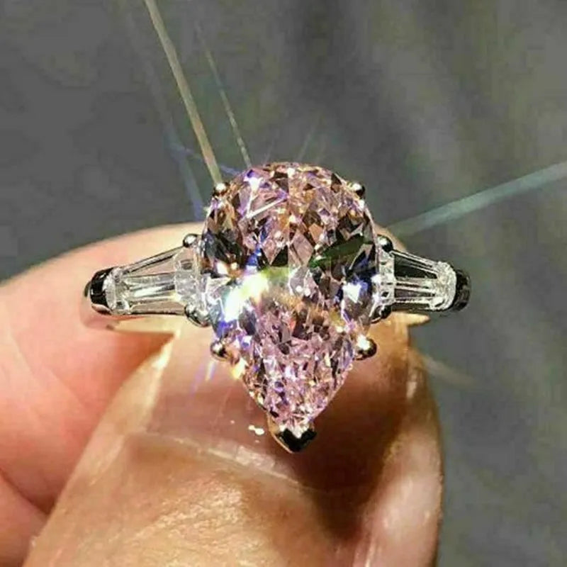 Huitan Fine Jewelry Women Silver Plated Pink Color Rhinestones Pear Cut Cubic Zircon CZ Infinite Bride Promise Wedding Rings