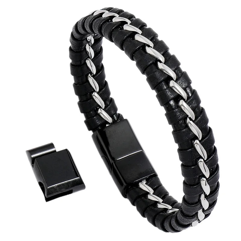 Fashion Stainless Steel Jewelry  Cowhide Bracelet Magnetic Buckle Simple Leather Bracelet for Men