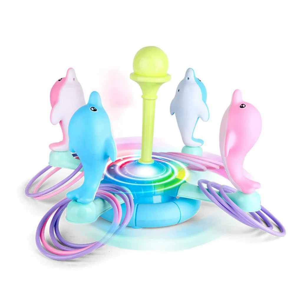 Outdoor and Indoor Sport Throwing Toys Light Music Electric Rotating Dolphin Hoop Ring Toss Game Set for Kids with 8 Rings