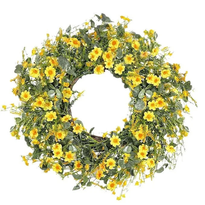 Artificial Daisy Flower Wreath with Eucalyptus Leave Silk Flower White Berries Spring Summer Wreath for Door Wall Decor